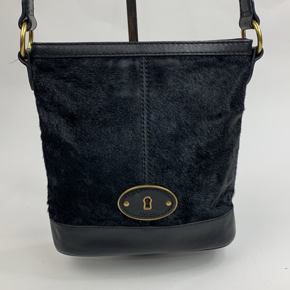 Fossil Leather Crossbody Bag Fur design and brass hardware Zip Close Lined